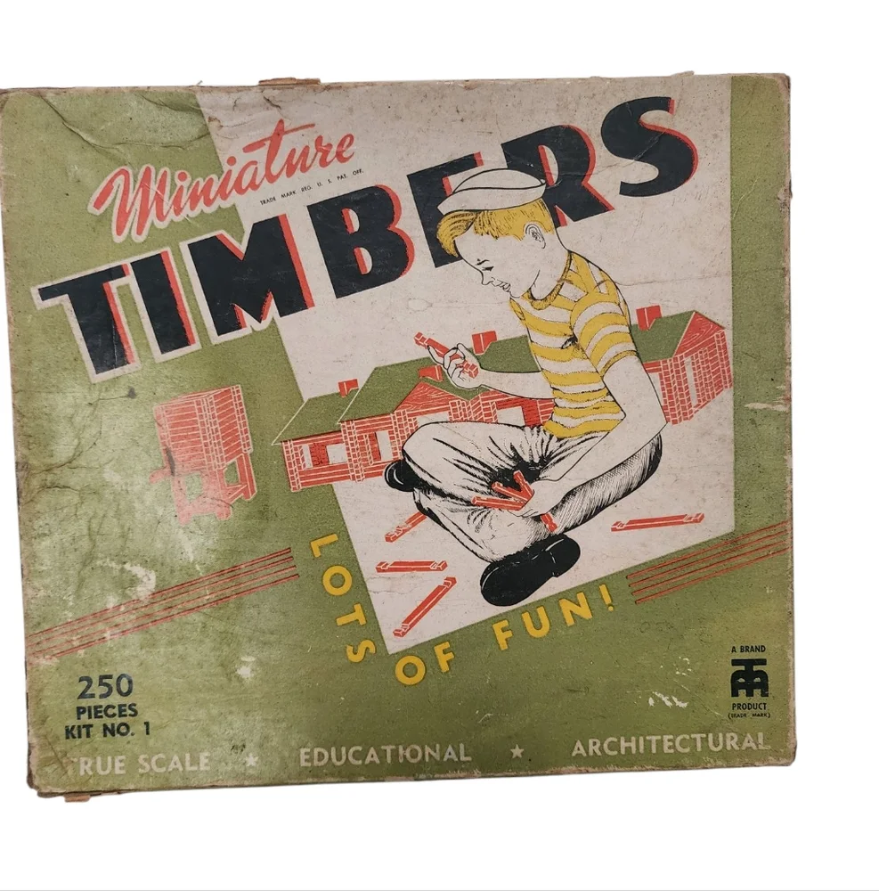 1950s Miniature Timbers Wood Log Building Set 250 Pcs With Orig Box Instructions